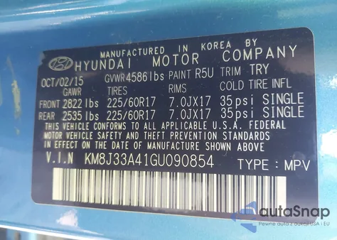 2016 Hyundai Tucson Se z USA, uszkodzony, nr VIN KM8J33A41GU090854